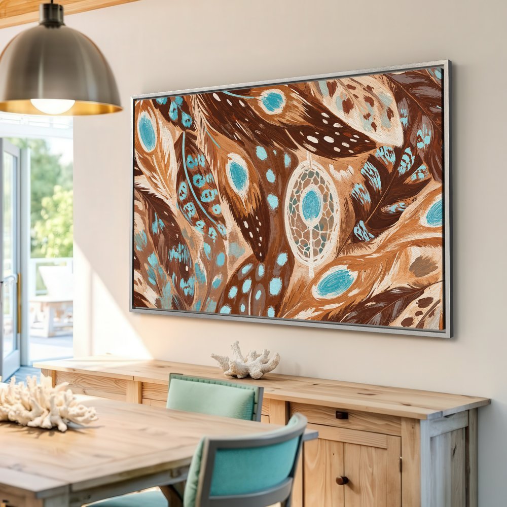 Framed Wall Art: Abstract feather design in brown, turquoise, and tan. Boho style Canvas Print for a warm, inviting interior.