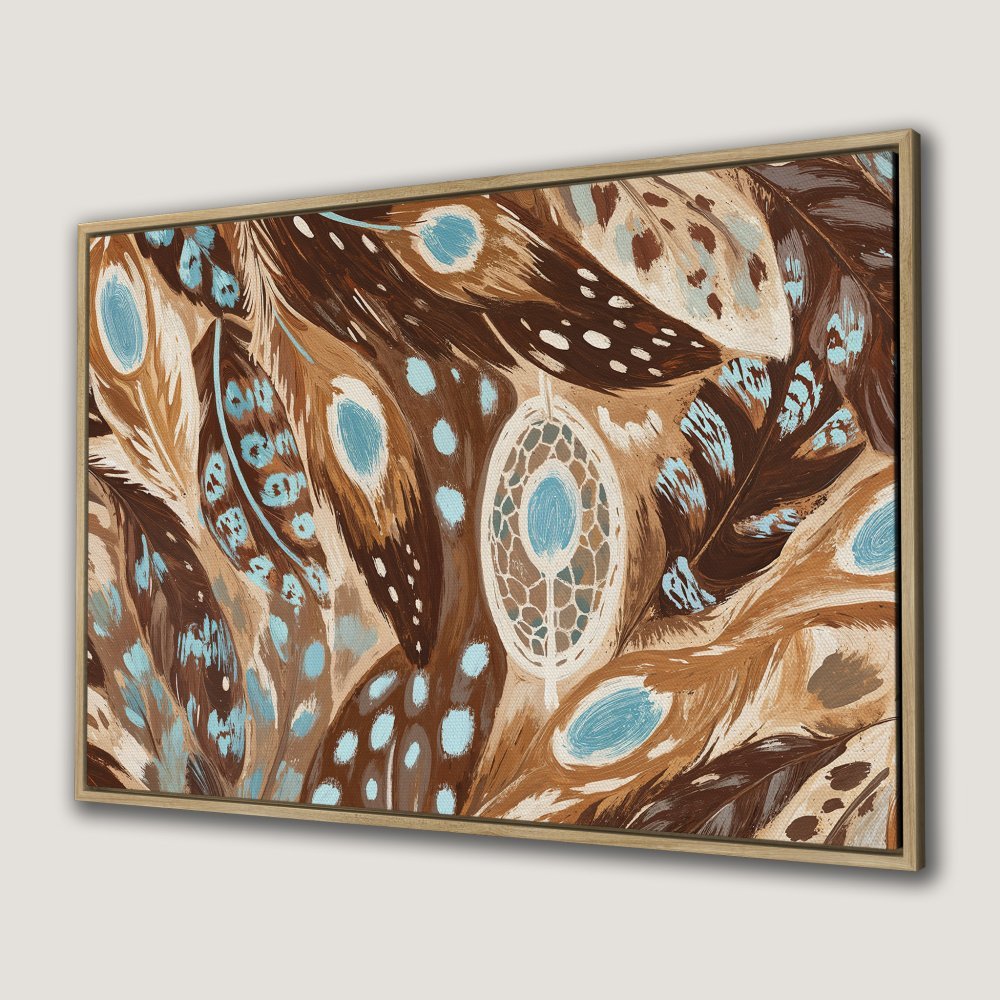 Framed Wall Art: Bohemian feather painting in brown, tan, and turquoise. Add a touch of nature-inspired art to your home!