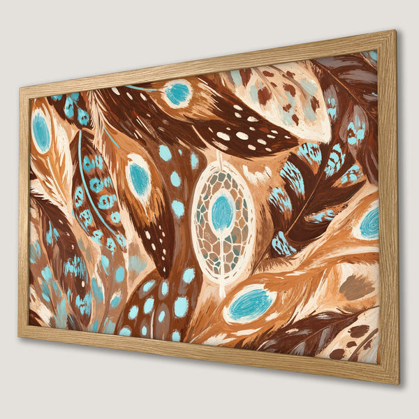 Framed Poster featuring a dreamcatcher & feathers in a warm, earthy palette with teal accents. Perfect wall art!