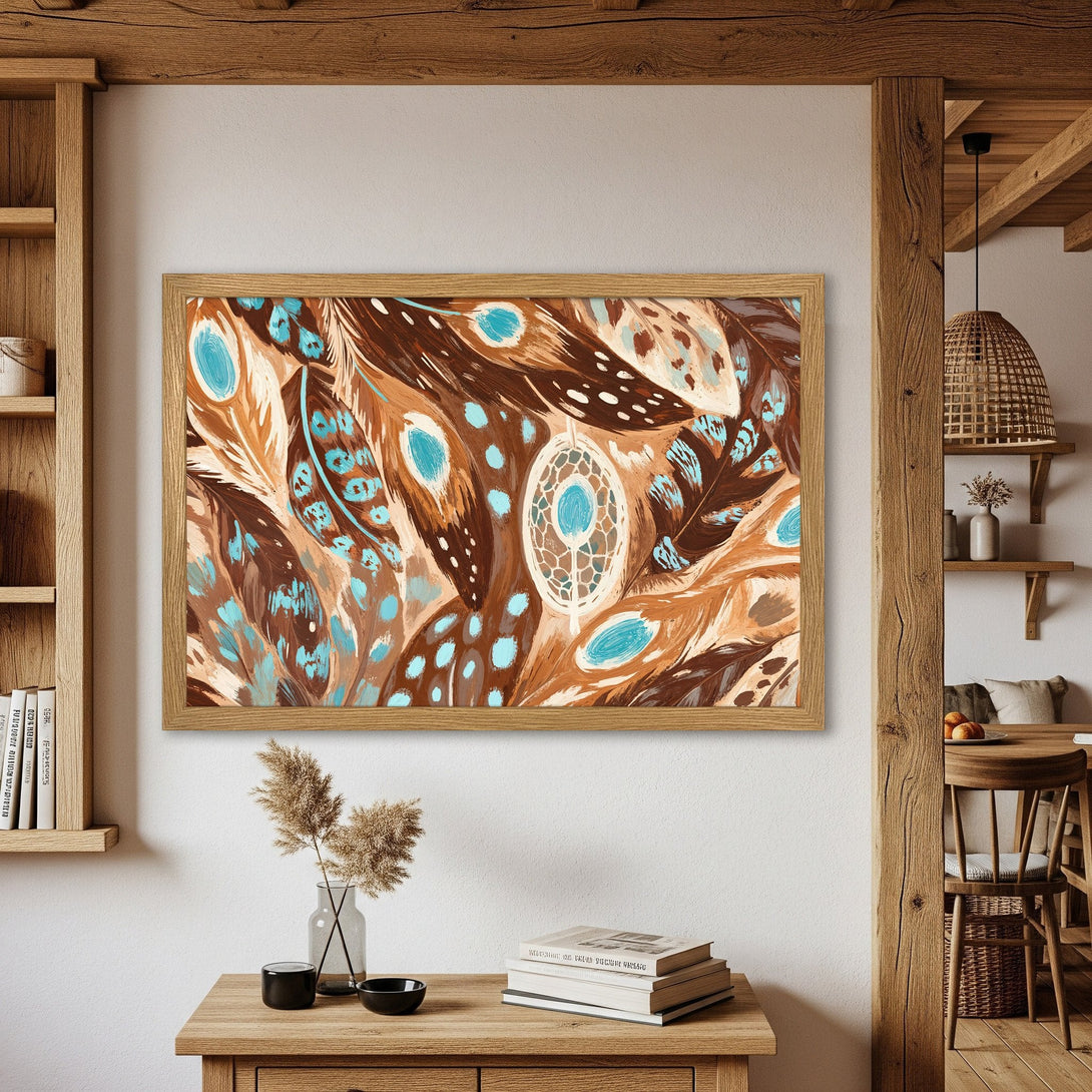 Framed Poster featuring abstract feathers in brown, teal, and beige tones, perfect for boho decor.
