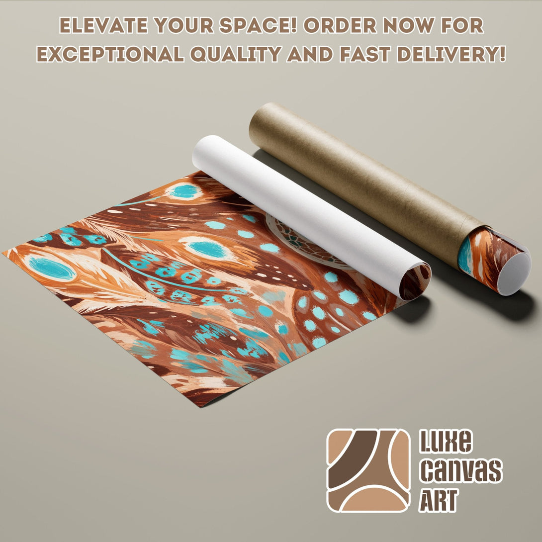 Feather art Poster Roll in brown, teal, and orange. Elevate your space with Luxe Canvas Art!