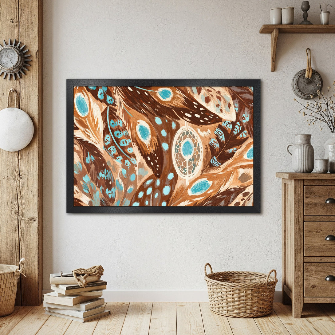 Framed Poster featuring abstract feathers in brown, teal, and cream tones. Perfect wall art for boho decor.