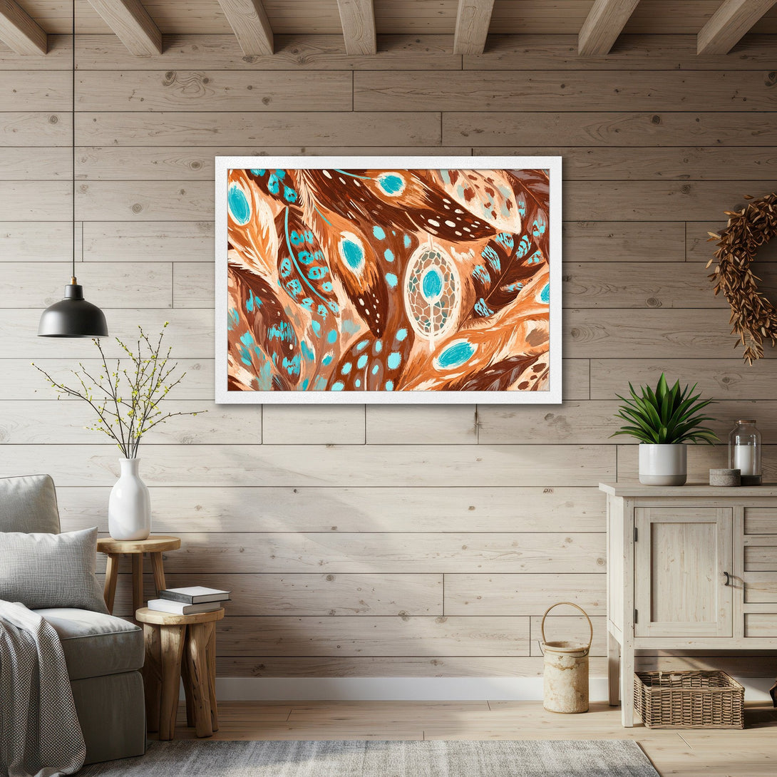 Framed Poster featuring abstract feathers in brown, teal, and orange tones. Rustic style art for home decor.