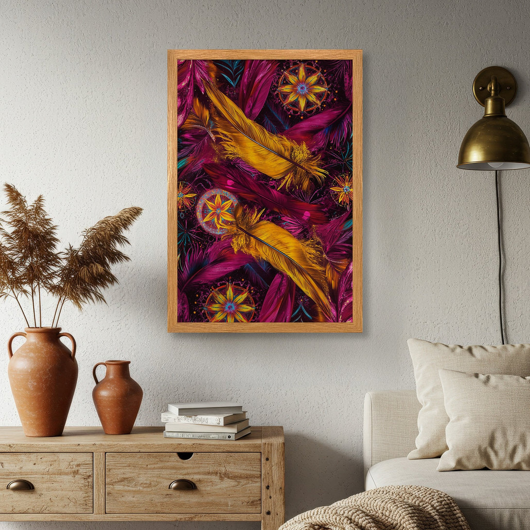 Framed Poster featuring vibrant feathers in a bohemian style, rich purple & gold color palette. Perfect wall art for a stylish home.