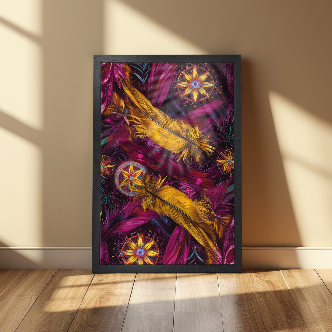 Framed Poster featuring vibrant feathers and floral elements in a rich purple, gold, and teal color palette; perfect wall art.