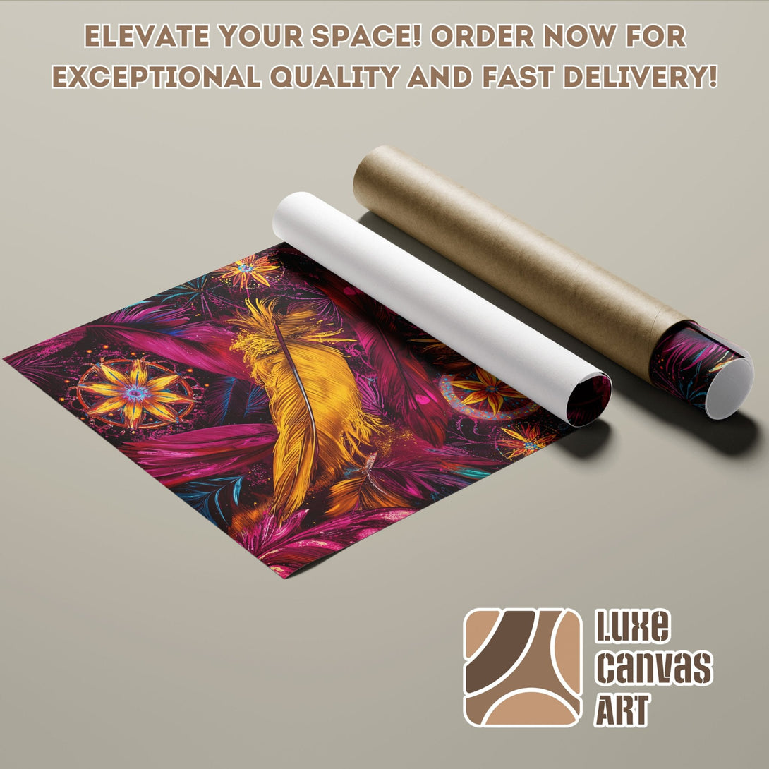 Poster Roll featuring a vibrant feather design in a colorful, artistic style. Elevate your space with this beautiful Poster!