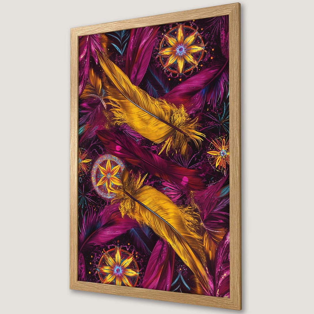 Framed Poster featuring vibrant feathers in a colorful, artistic style. Rich purple, gold, and pink hues create a stunning wall art piece.