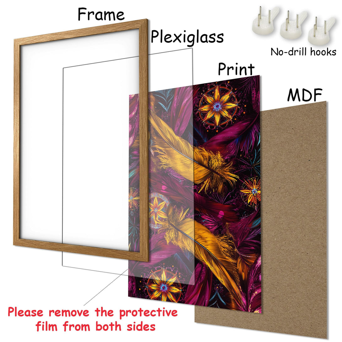 Framed Poster featuring vibrant abstract feathers in a rich purple, gold, and teal color palette. Add art to your walls today!