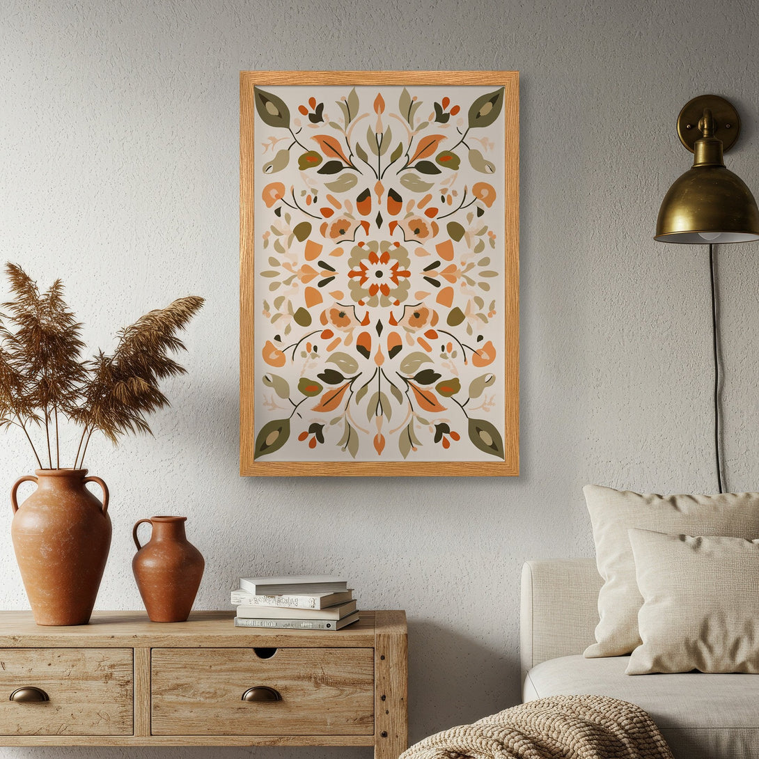 Framed Poster featuring a floral design in a warm, earthy color palette. Perfect for adding a touch of bohemian style to your home decor.