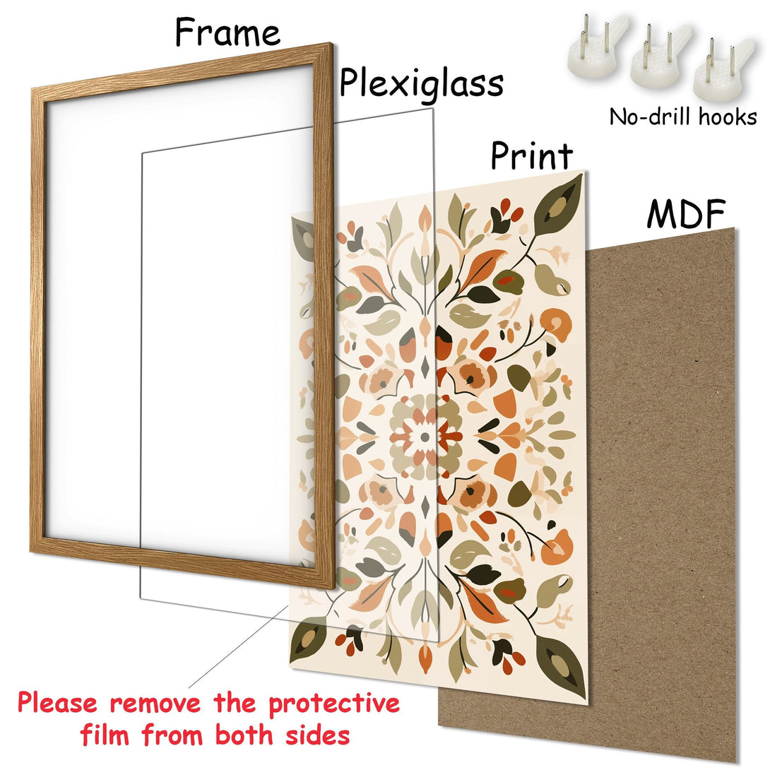 Framed Poster with floral design in warm earth tones. Perfect for adding a touch of boho style to your home decor.