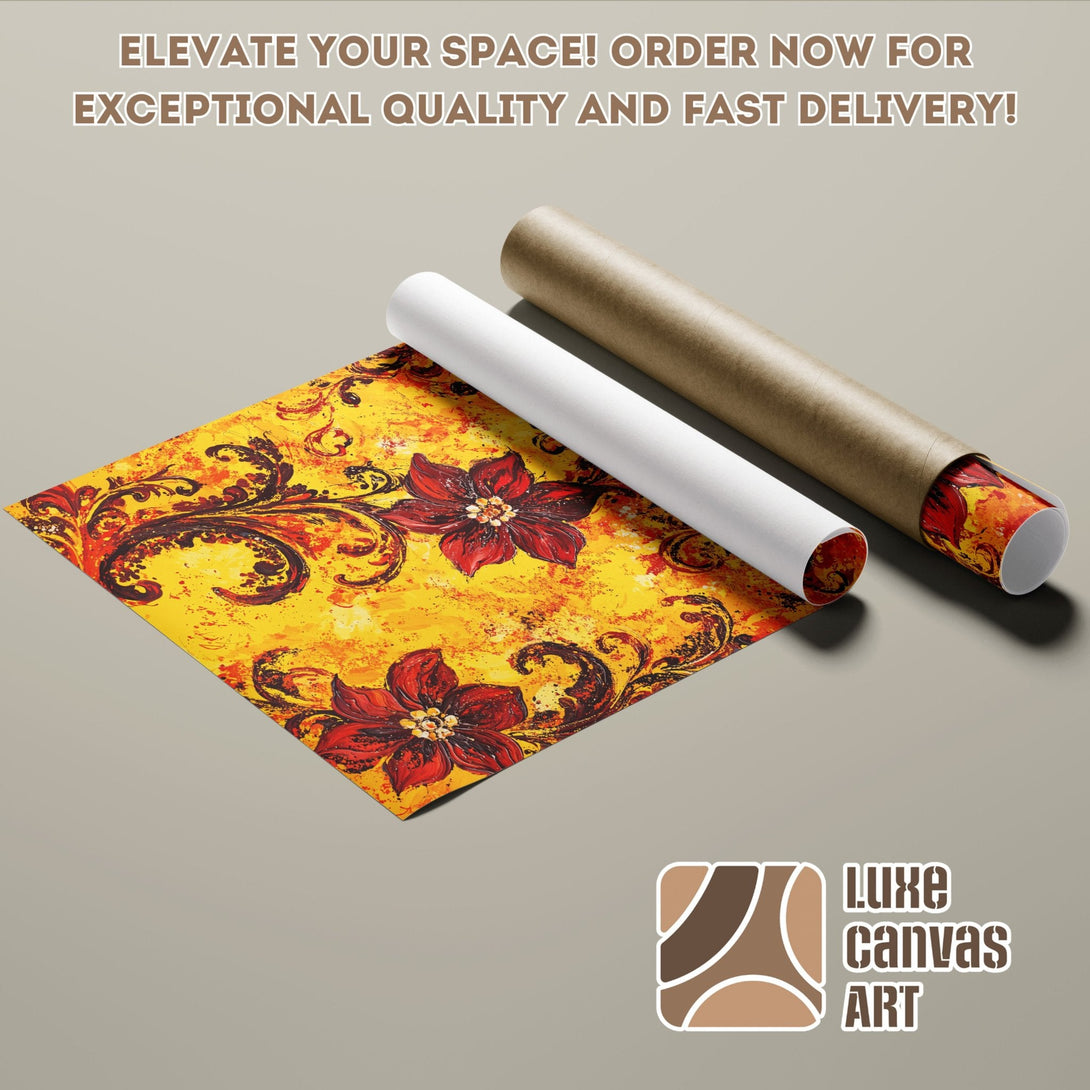 Poster Roll featuring a floral design in warm yellow and red tones. Perfect art for your home!