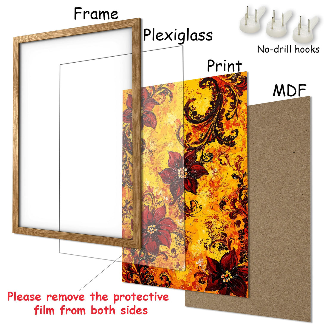 Framed Poster with floral art. Bold red and yellow color palette. Modern abstract style. Ready to hang wall art.