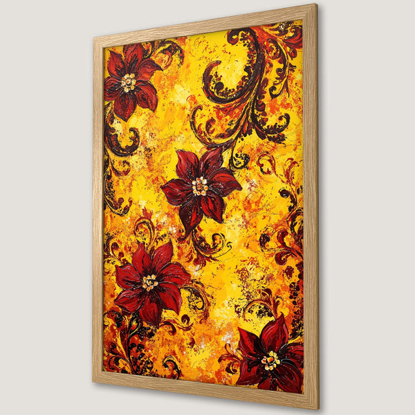 Framed Poster featuring vibrant red floral art on a yellow background. Perfect wall decor for a pop of color and artistic style.
