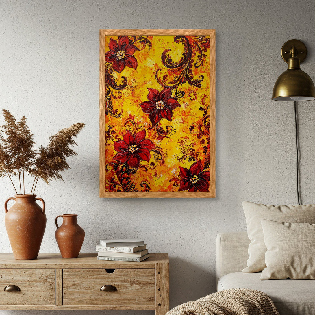 Framed Poster featuring vibrant red floral art on a yellow background. A beautiful piece of wall decor to brighten any space!