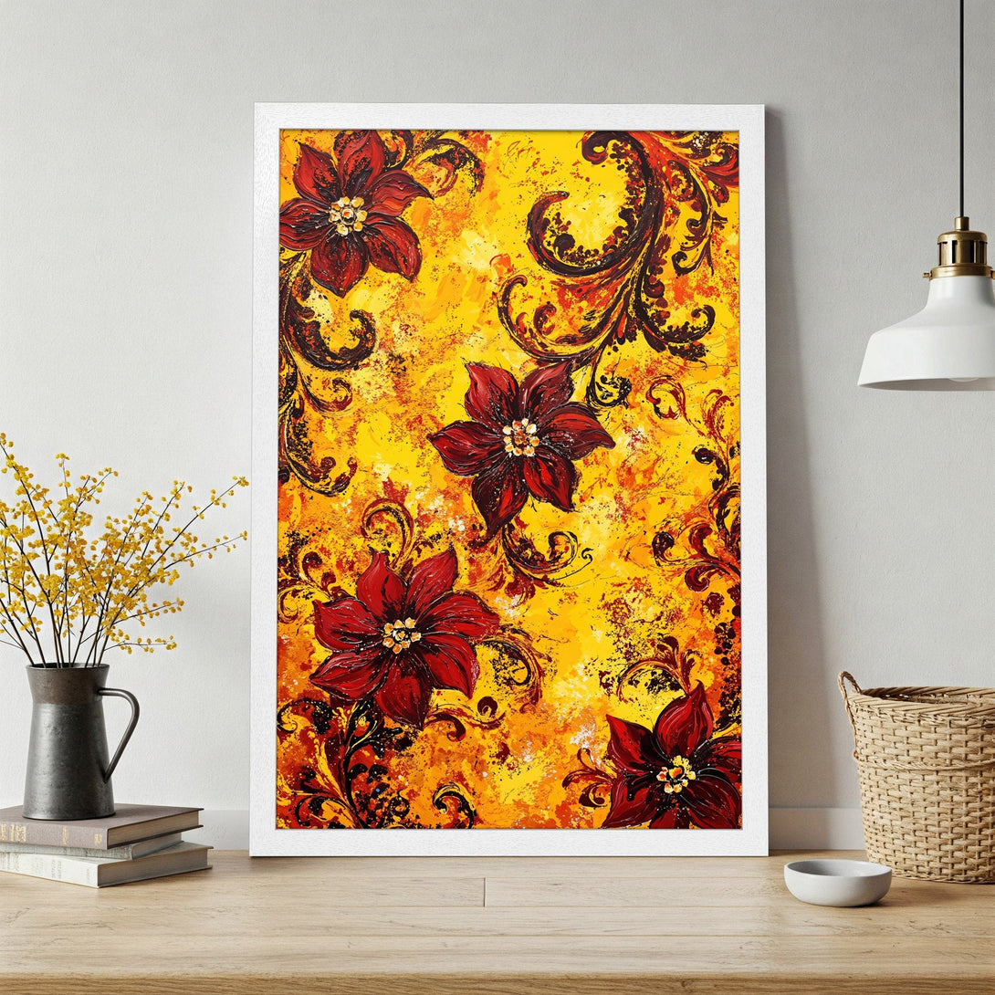 Framed Poster featuring vibrant red floral art on a yellow background. Abstract style, warm color palette. Perfect wall decor!