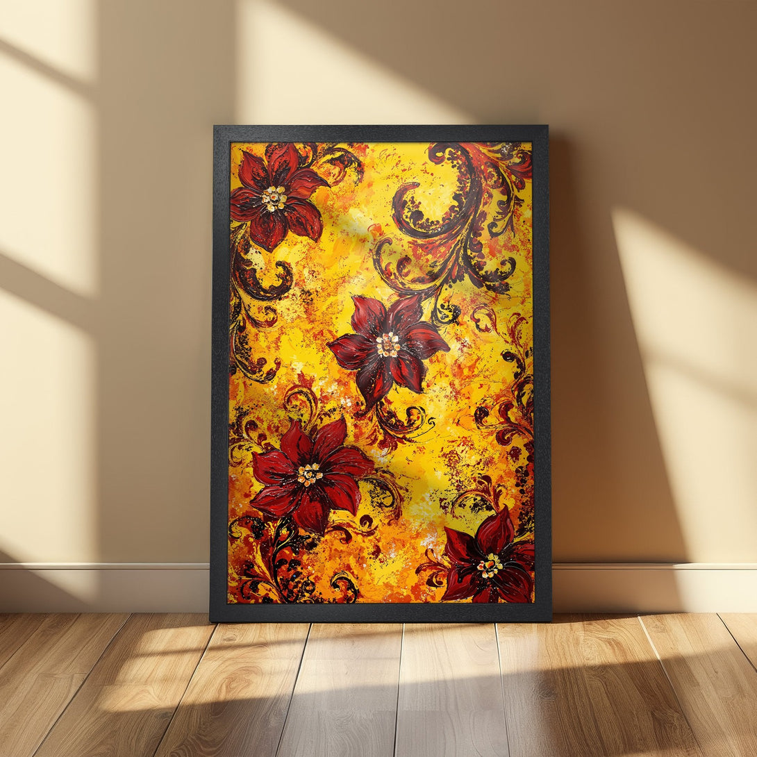 Framed Poster featuring vibrant floral art in red and yellow. Abstract style with bold color palette. Perfect wall decor!