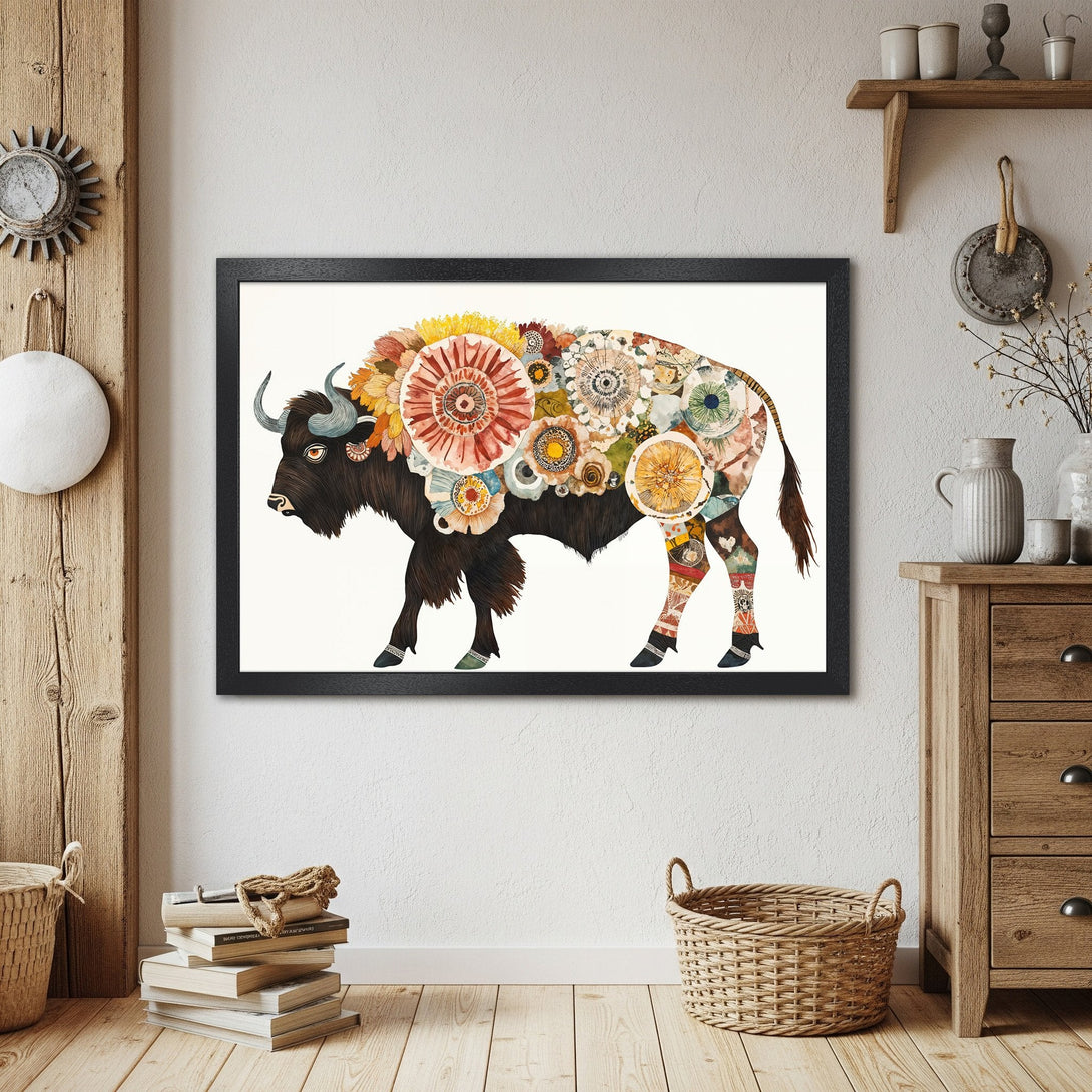 Framed Poster featuring a floral buffalo illustration in warm earthy tones. Perfect wall art for a rustic home.