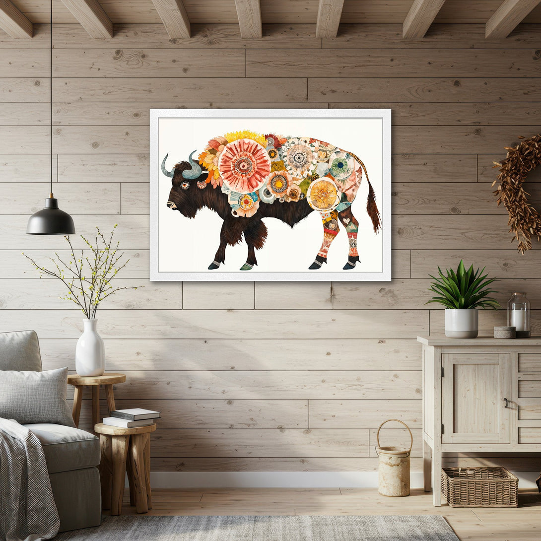 Framed Poster of a floral bison, watercolor style, warm earthy tones. Add a touch of nature to your home!