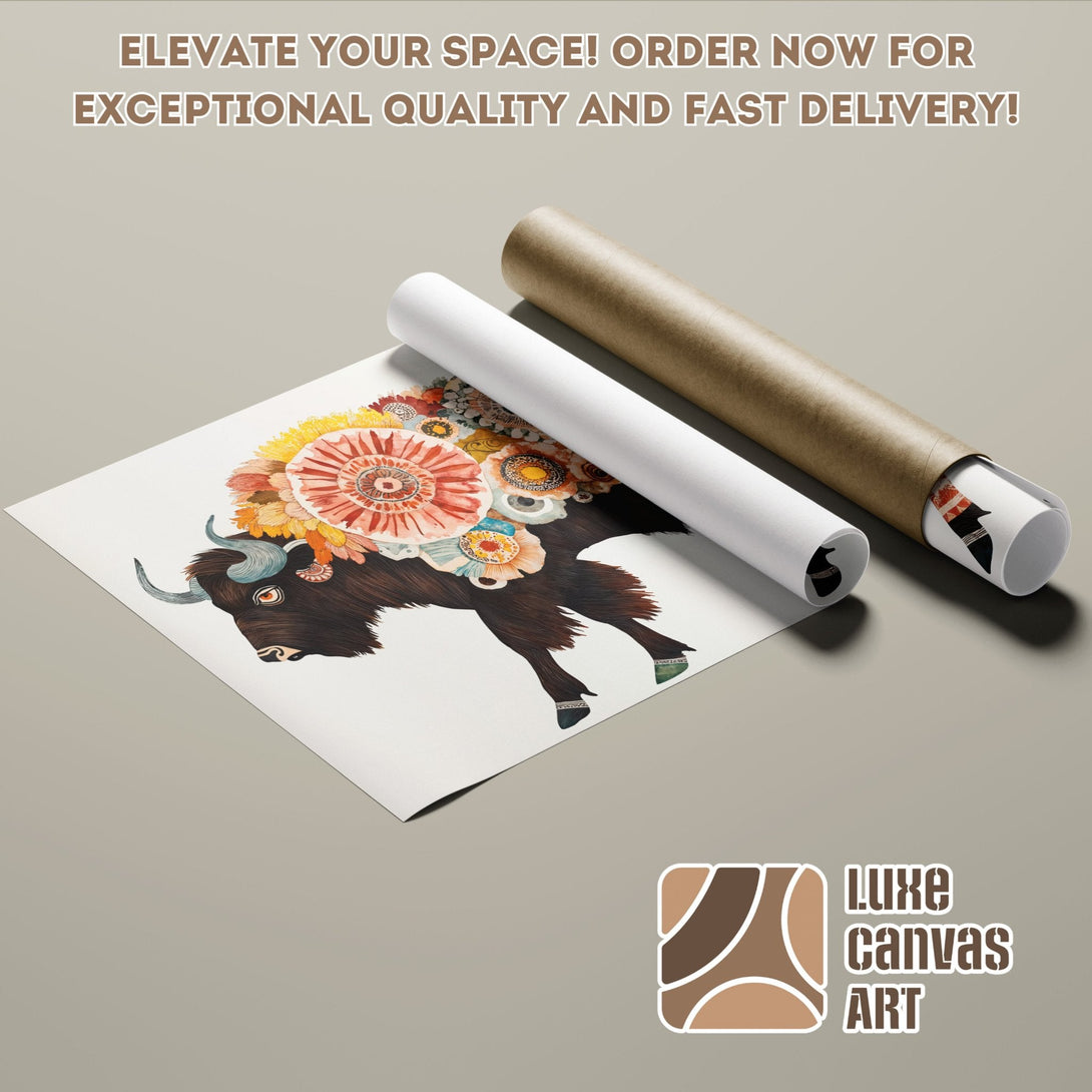 Poster Roll featuring a bison with floral headdress, watercolor style, warm color palette. Order yours today!
