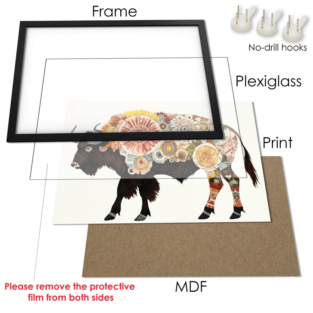 Framed Poster featuring a bison illustration in a collage style with earthy tones, perfect wall art for your home.