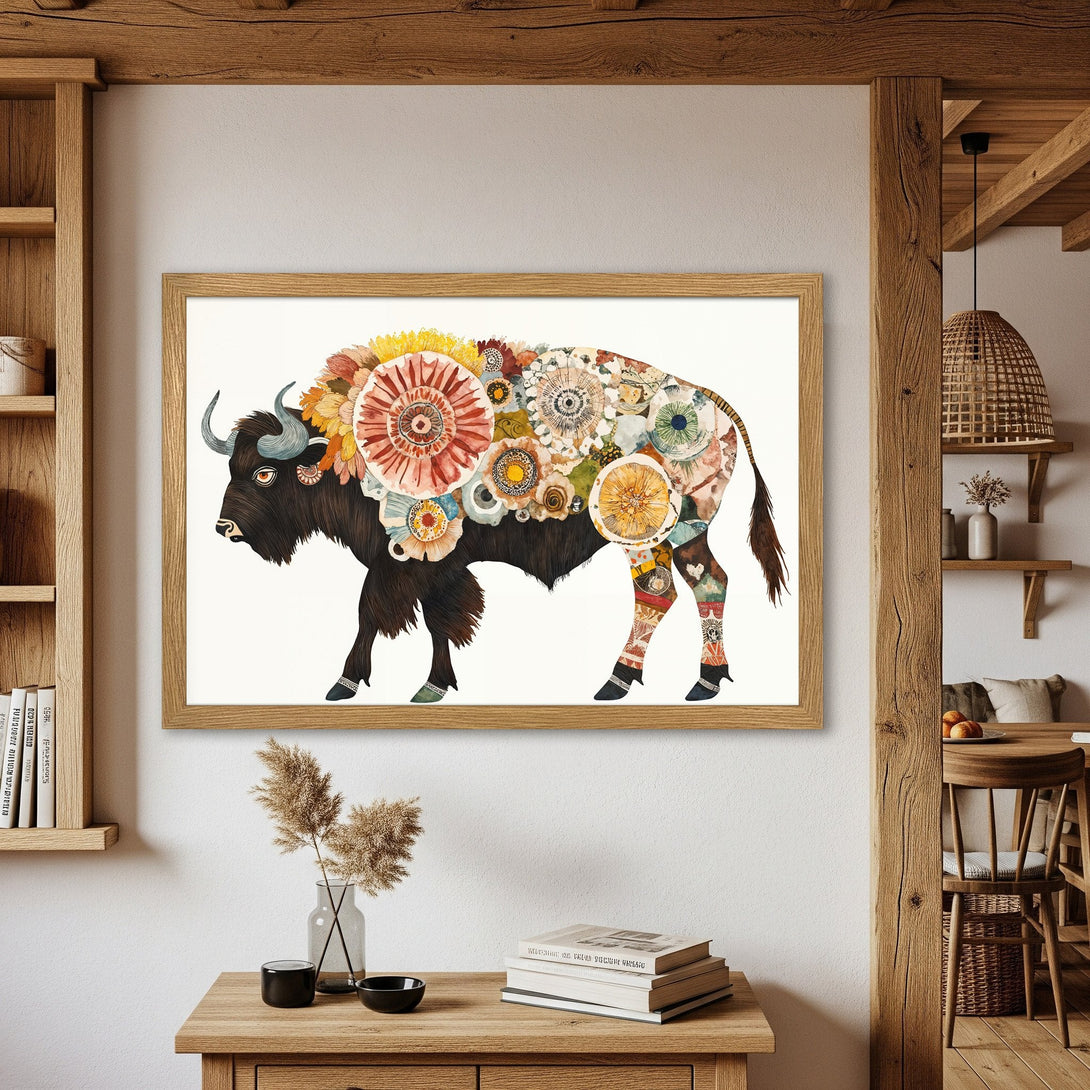 Framed Poster featuring a floral bison illustration in warm earth tones. Perfect art for rustic decor.