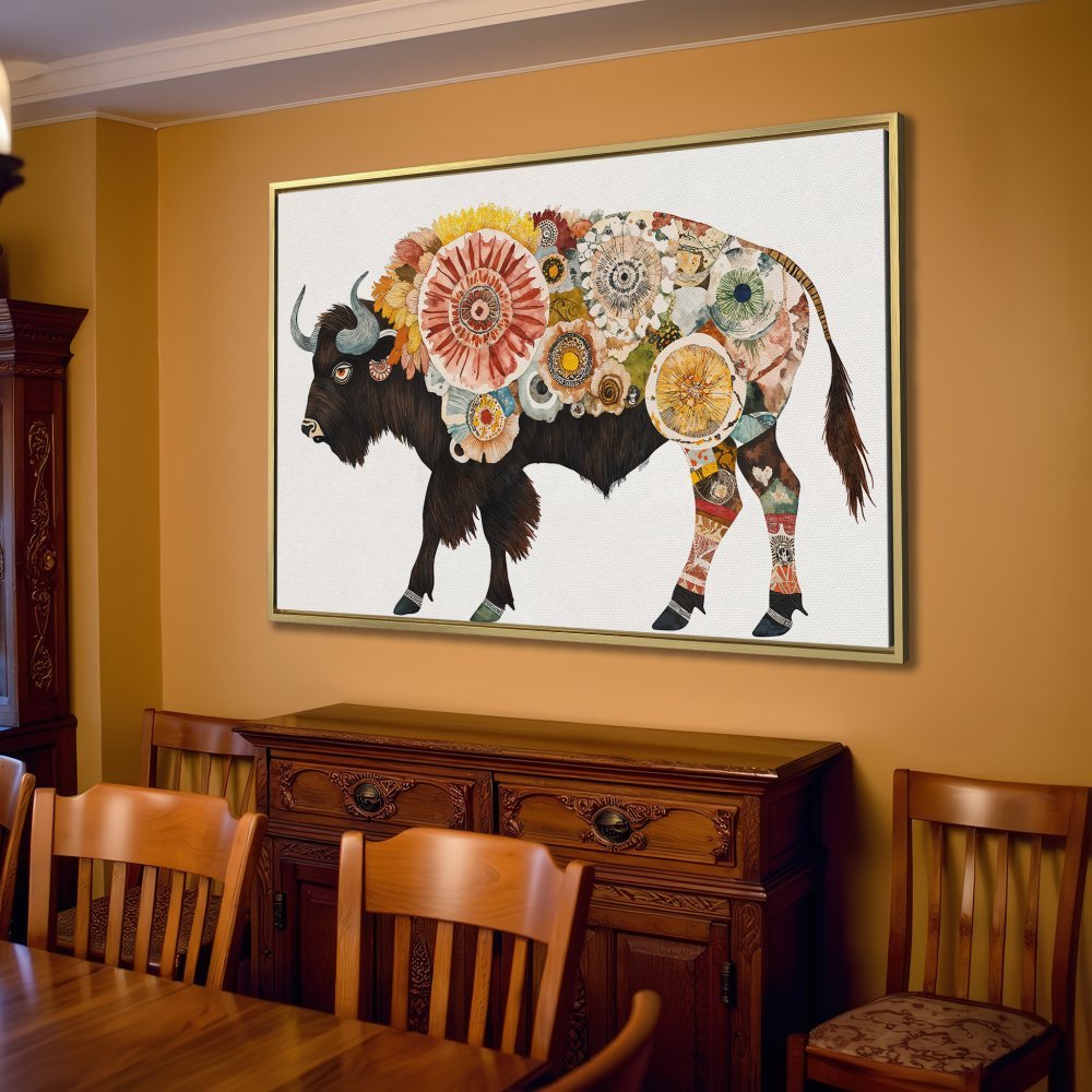 Canvas Print featuring a floral bison in a warm, neutral-toned living room. Rustic style wall art for a cozy home.