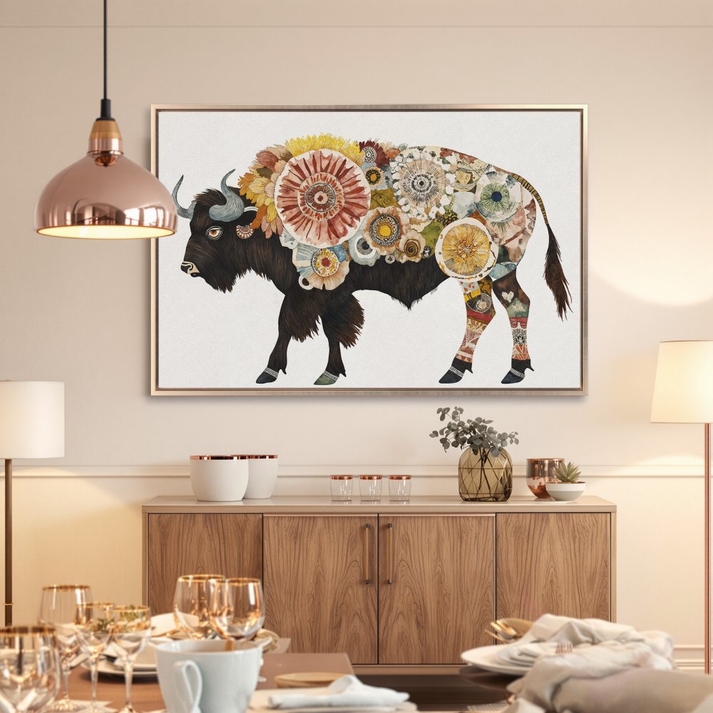 Framed Wall Art: Floral bison Canvas Print in warm tones. Unique, boho-chic style artwork perfect for living rooms & bedrooms. Shop now for home decor!