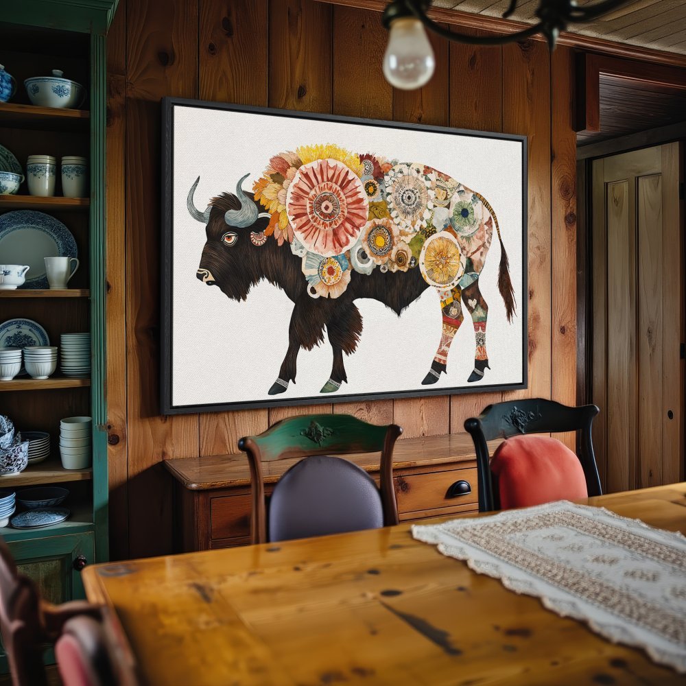 Framed Wall Art: Whimsical bison illustration with floral accents, warm earth tones, and a rustic style. Perfect for home decor!