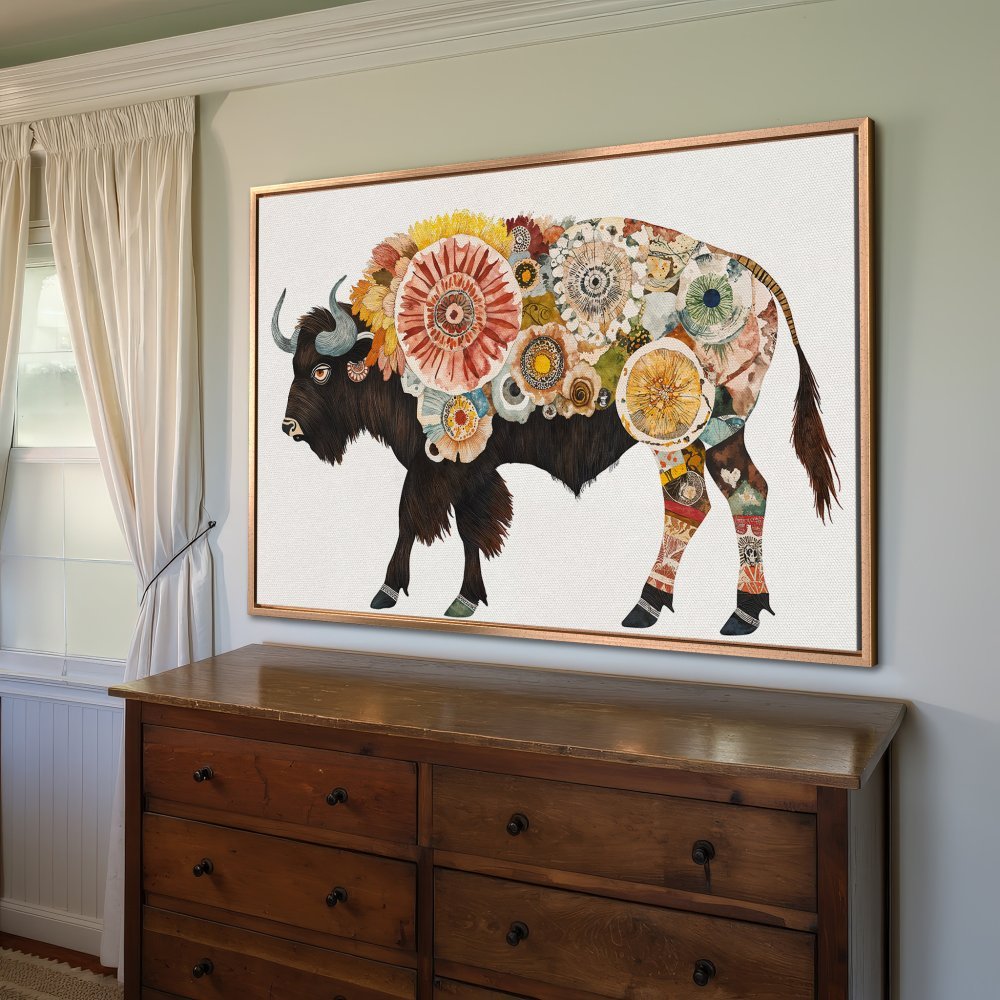 Framed Wall Art: Floral bison canvas print in warm, earthy tones. Add a touch of boho style to your home decor!