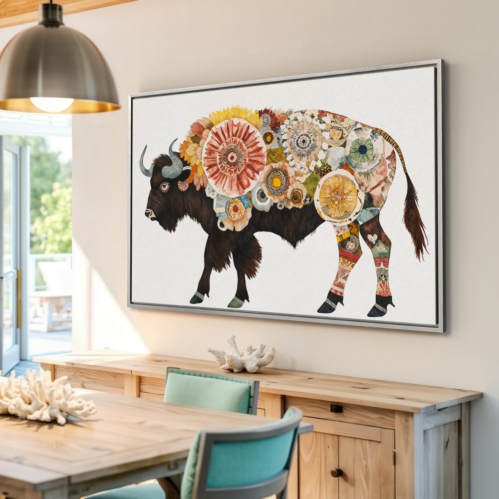 Framed Wall Art: Whimsical bison illustration with floral details. Earthy tones with pops of color. Perfect for adding unique style to your home.