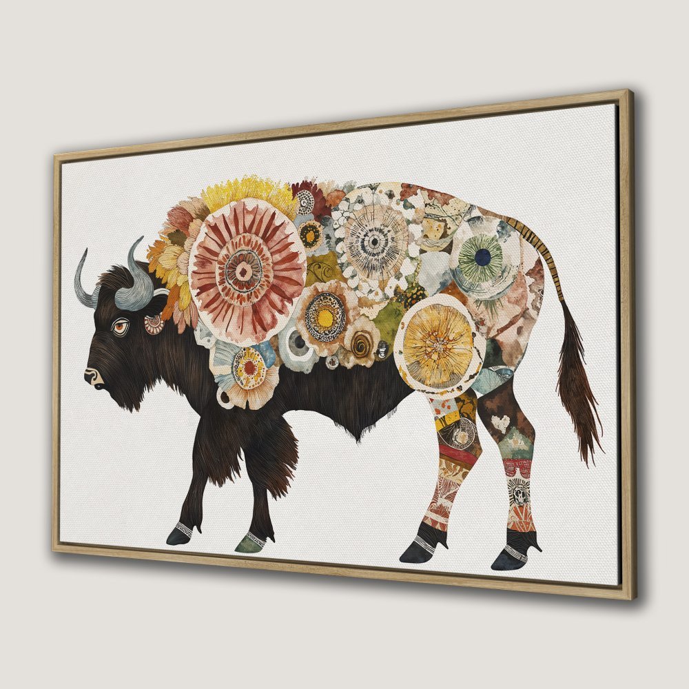 Canvas Print of a floral bison in warm, earthy tones. Unique wall art for a rustic or bohemian interior.