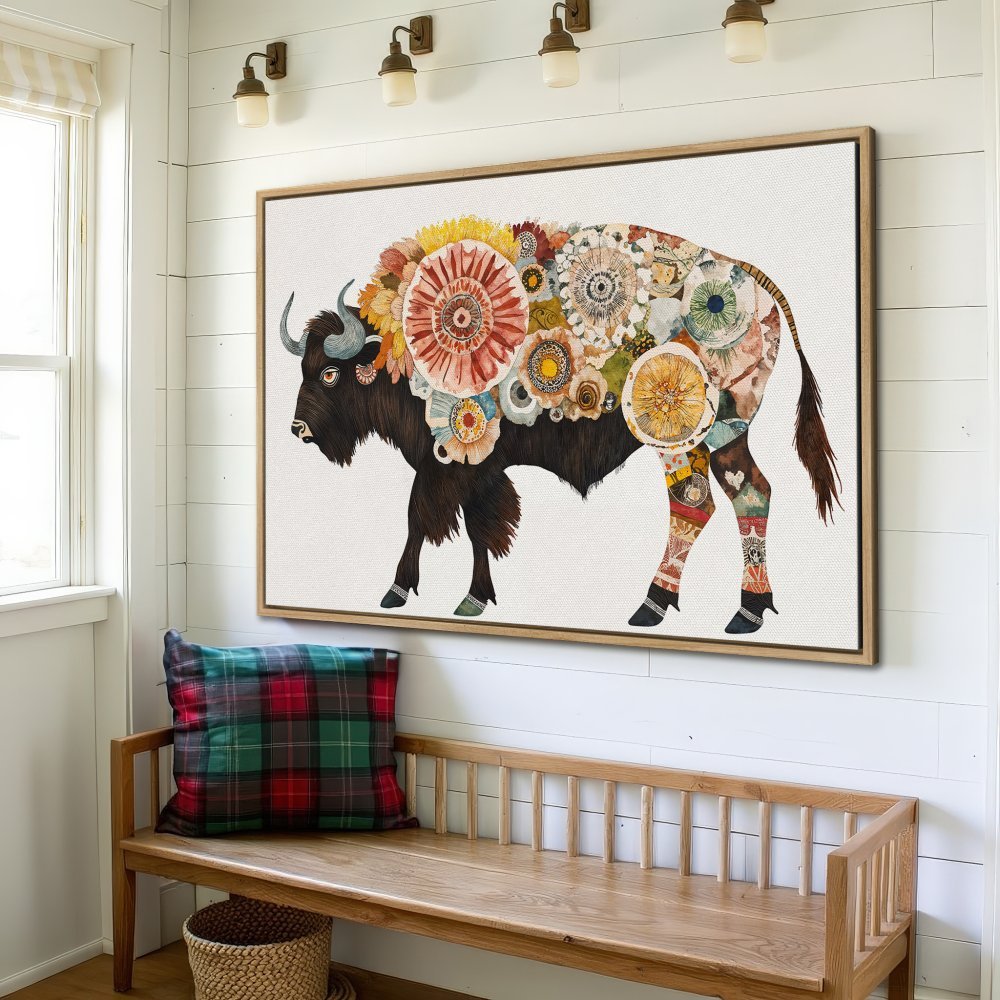 Framed Wall Art: Floral bison canvas print in warm, earthy tones. Bohemian style, perfect for rustic home decor.