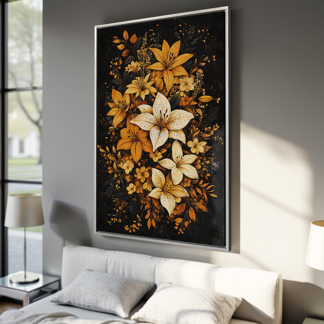 Framed Wall Art featuring a floral design in a modern style with a black, gold, and cream color palette. Perfect for bedroom decor.