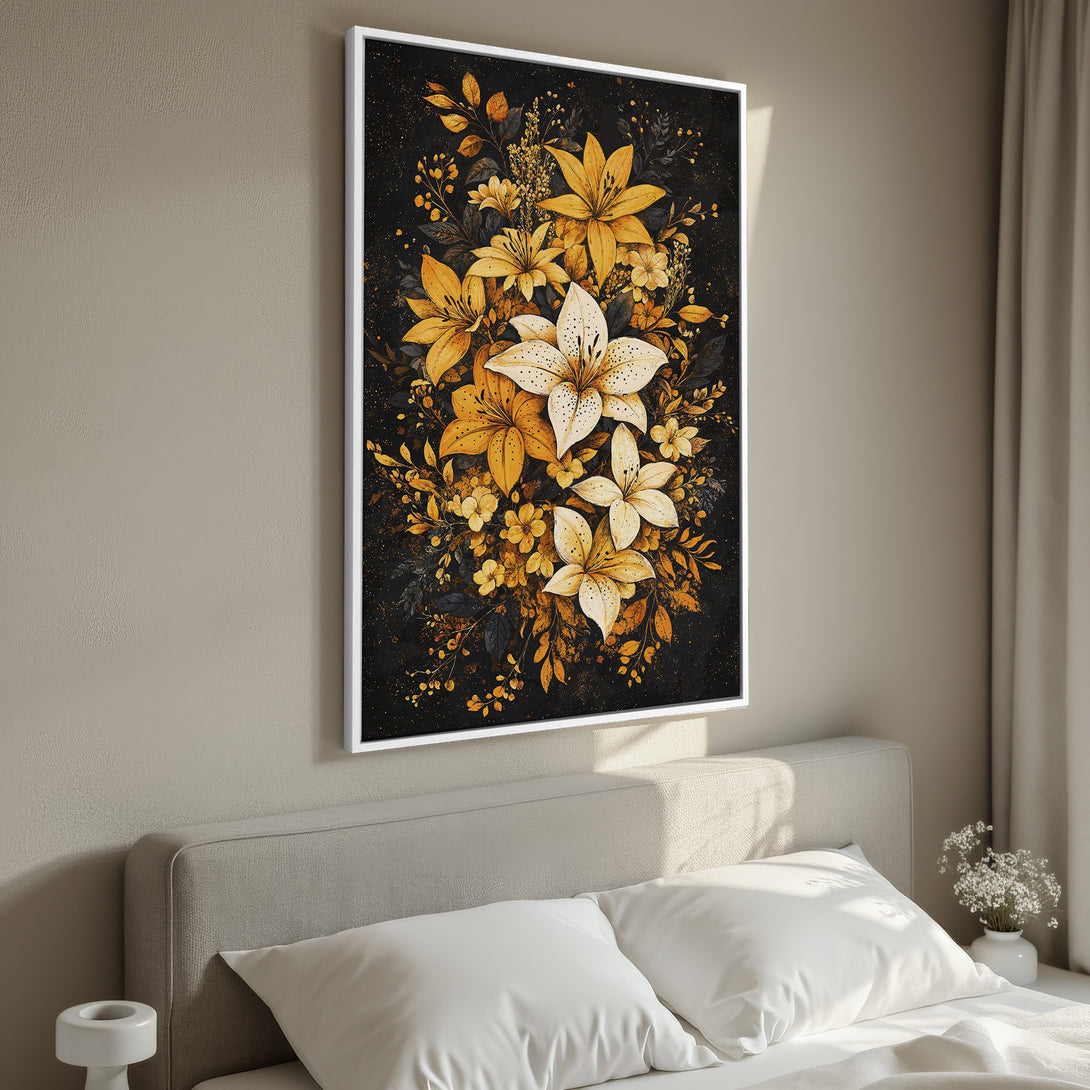 Framed Wall Art featuring elegant floral art in gold and black hues. Modern canvas print for bedroom decor.