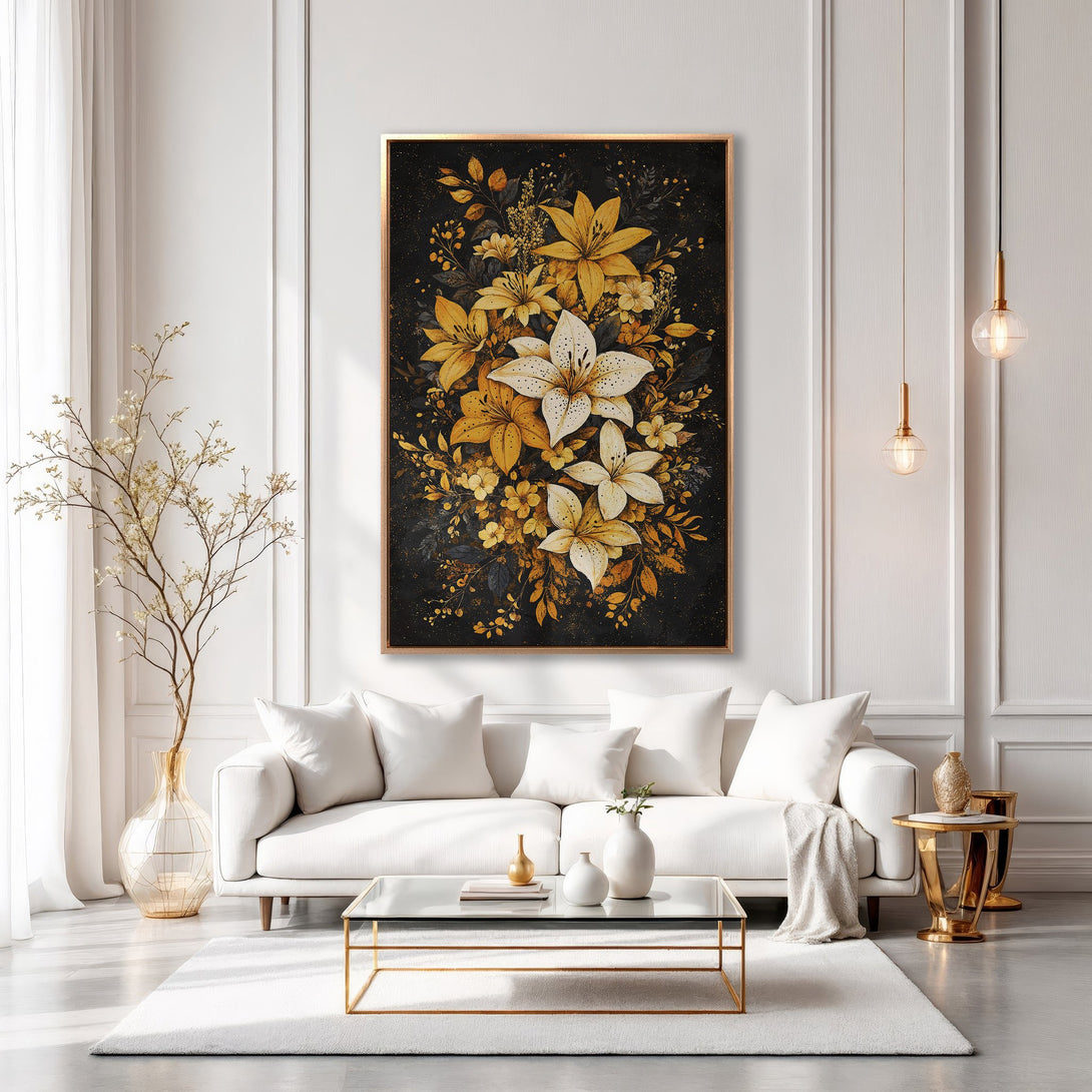 Framed Wall Art of elegant floral design in gold and white, adding a touch of luxury to any living room. Perfect for home decor.