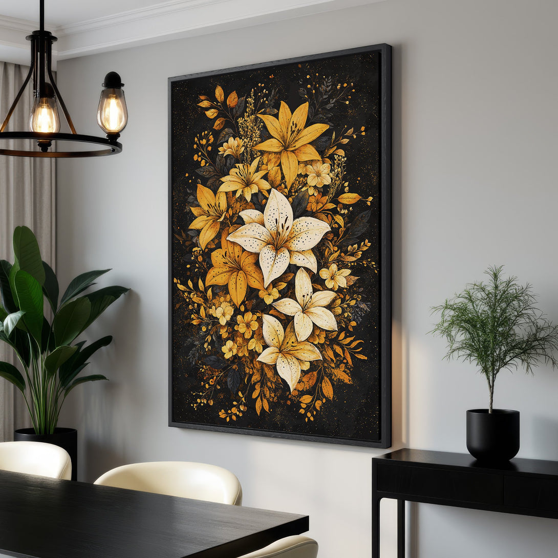 Framed Wall Art featuring elegant floral design in gold and black. Perfect for adding a touch of sophistication to any space. Shop our Canvas Print collection today!