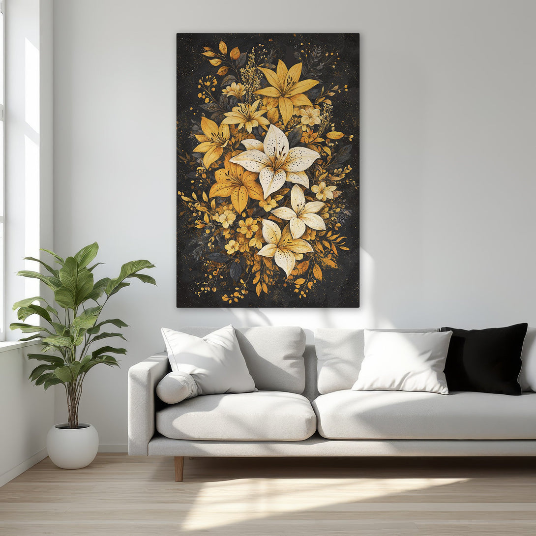 Framed Wall Art featuring a floral arrangement in gold and black. Elegant Canvas Print adds a touch of luxury to any bedroom decor.