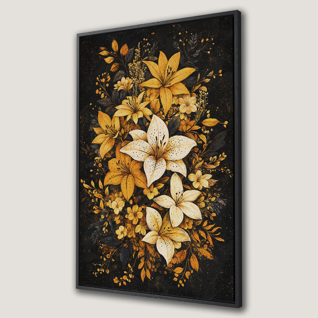 Framed Wall Art featuring a floral design with lilies in gold and white against a black background. Elegant and stylish canvas print for home decor.