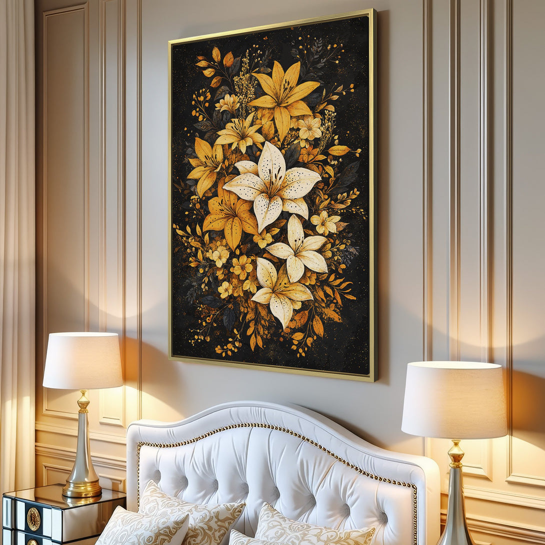 Canvas Print of elegant floral art in gold and white against a dark background. Adds a touch of luxury to any space.