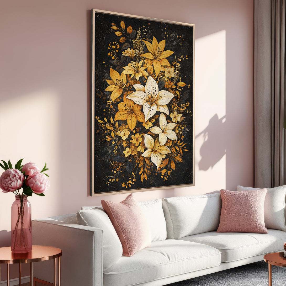 Framed Wall Art featuring elegant floral design in gold and white on a black background. Perfect for adding a touch of luxury to your home decor.