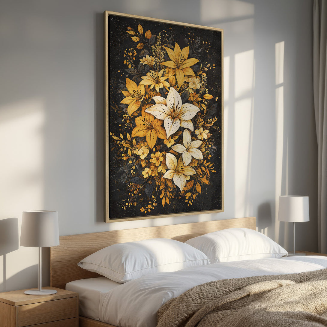 Framed Wall Art: Floral Canvas Print with yellow & white lilies on a dark background. Modern art for bedroom decor.