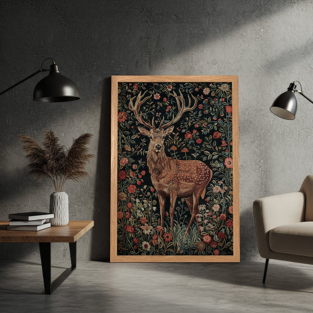 Framed Poster featuring a majestic deer in a floral tapestry style, with a rich, dark color palette. Perfect for home decor!