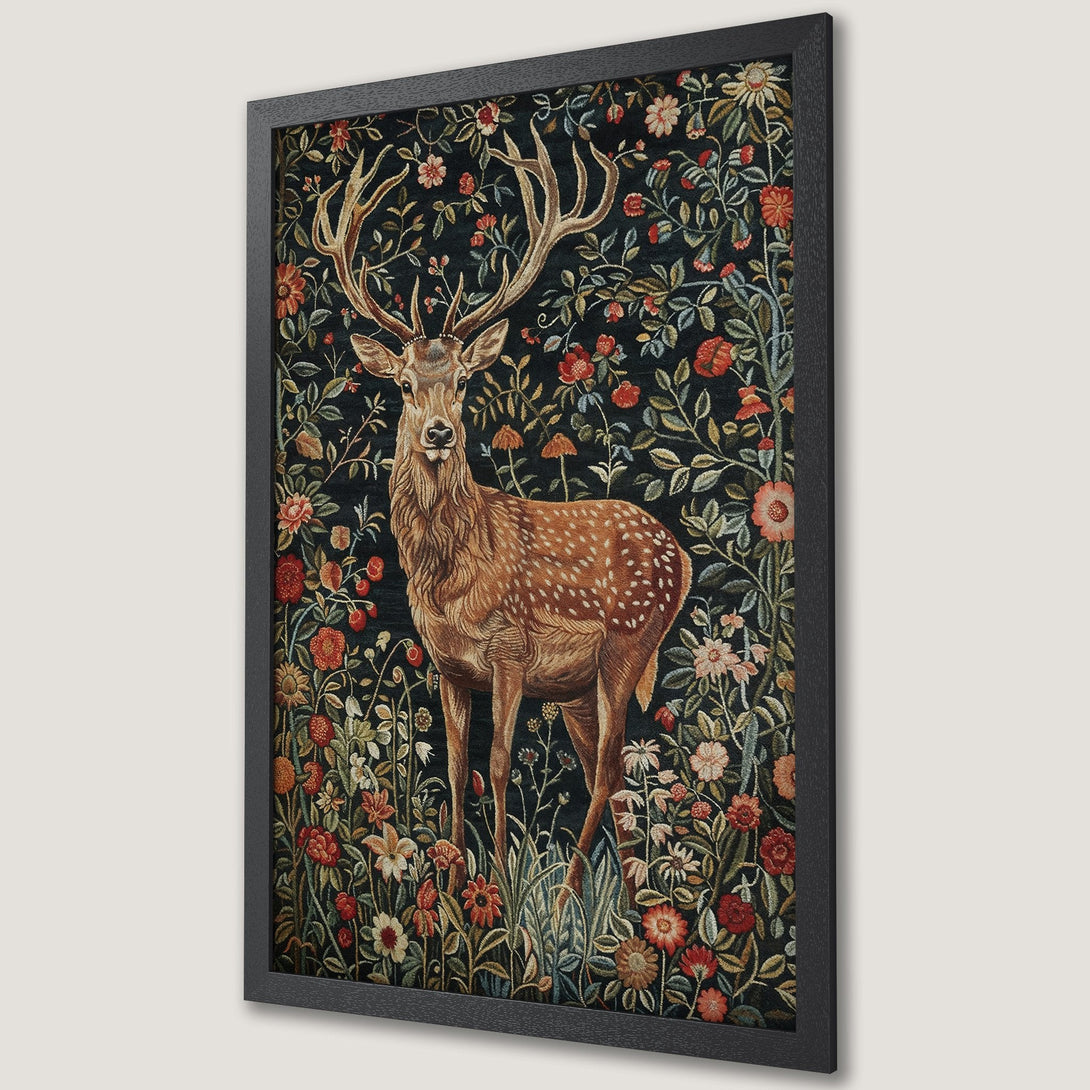 Framed Poster featuring a majestic deer in a floral tapestry style. Rich colors of brown, red, and green on a dark background. Enhance your decor!