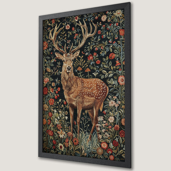 Framed Poster featuring a majestic deer in a floral tapestry style. Rich colors of brown, red, and green on a dark background. Enhance your decor!