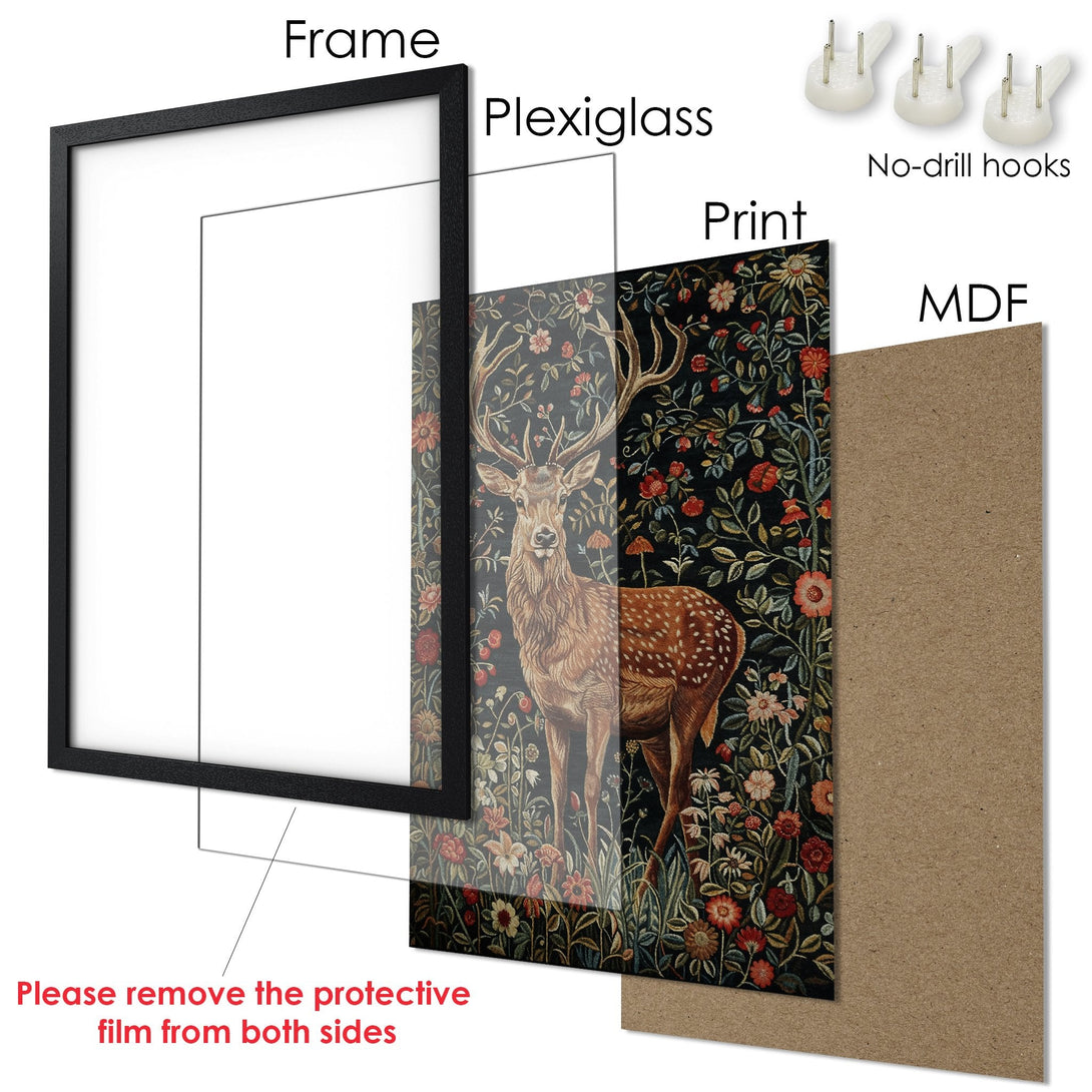 Framed Poster featuring a majestic deer in a floral tapestry design. Rich, dark color palette with warm brown tones. Perfect wall art!