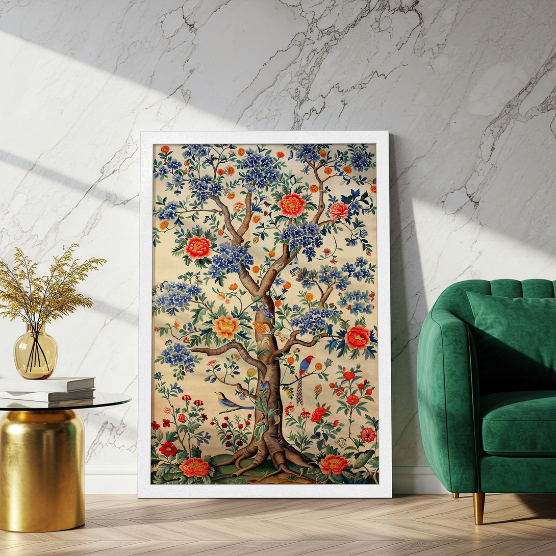 Framed Poster featuring a tree of life design in a vintage style with a warm color palette of red, blue, and cream.