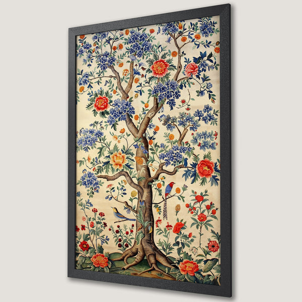 Framed Poster featuring a vibrant floral tree design in a vintage style with a warm, colorful palette. Perfect wall art for any room!