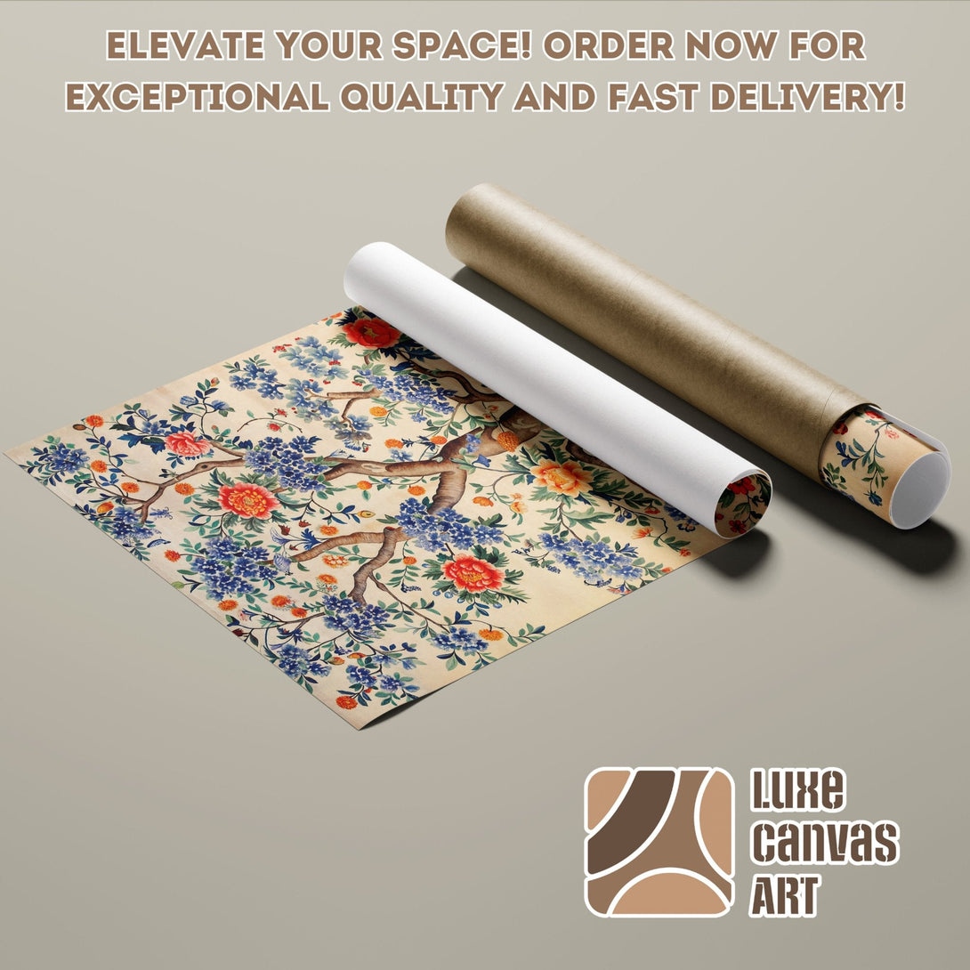 Floral Poster Roll featuring a vintage style with blue, orange, and beige tones. Elevate your space!