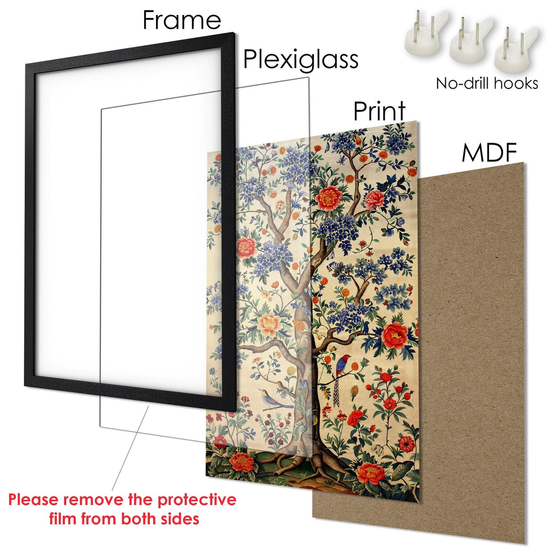 Framed Poster with floral design. Features a vintage style with a warm color palette of red, blue, and beige. Perfect wall art!