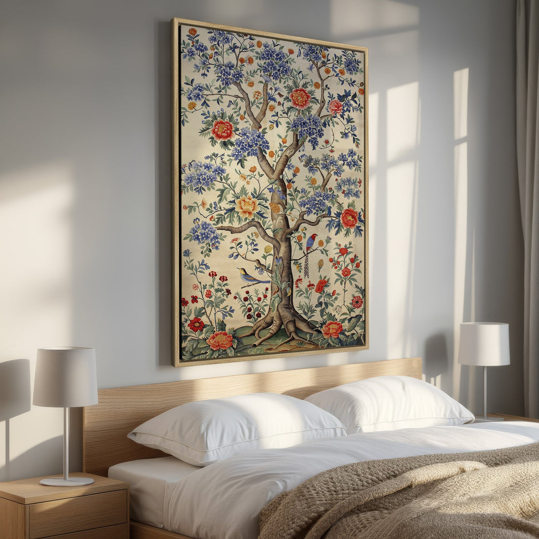 Framed Wall Art featuring a floral tree design with red, blue, and yellow blooms. Perfect for adding a touch of elegance to any bedroom or living space.